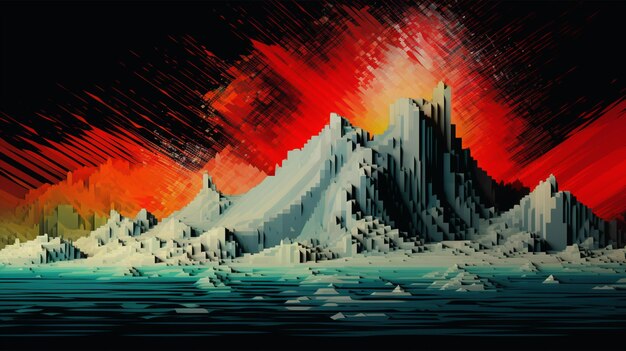 there is a pixel art of a mountain with a red sky generative ai