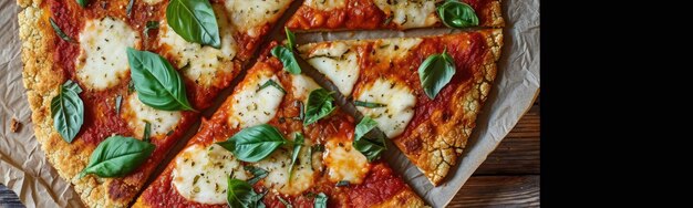 Photo there is a pizza with cheese and basil on it on a wooden table