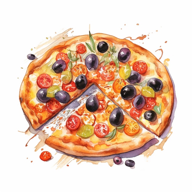 There is a pizza with olives and tomatoes on it generative ai