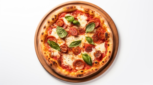 there is a pizza with pepperoni and basil on it on a wooden plate generative ai