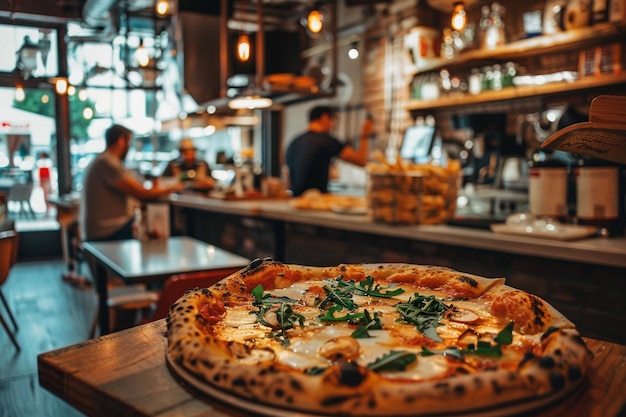 Foto there is a pizza on a wooden table in a restaurant generative ai