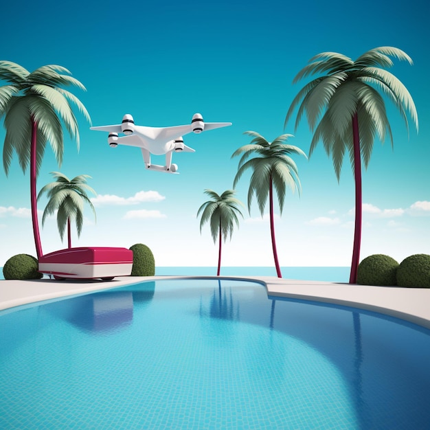 There is a plane flying over a pool with palm trees generative ai