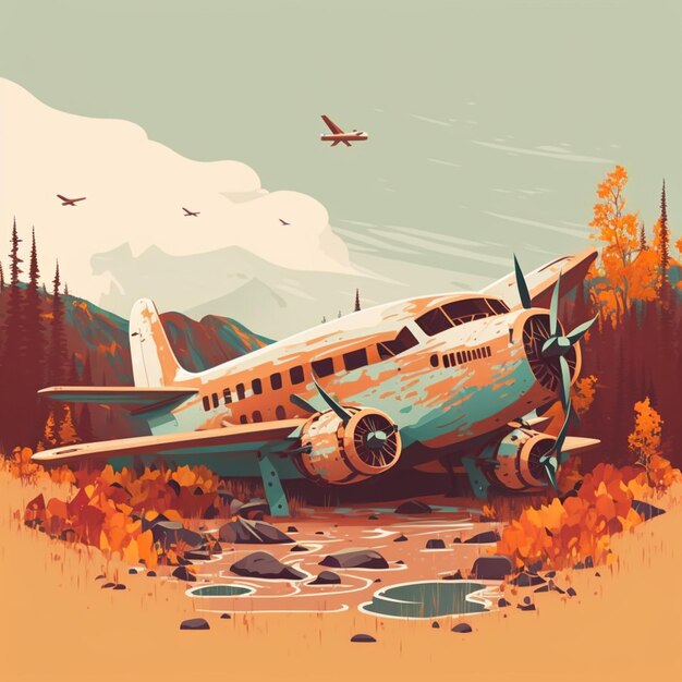 There is a plane that is sitting on the ground in the woods generative ai