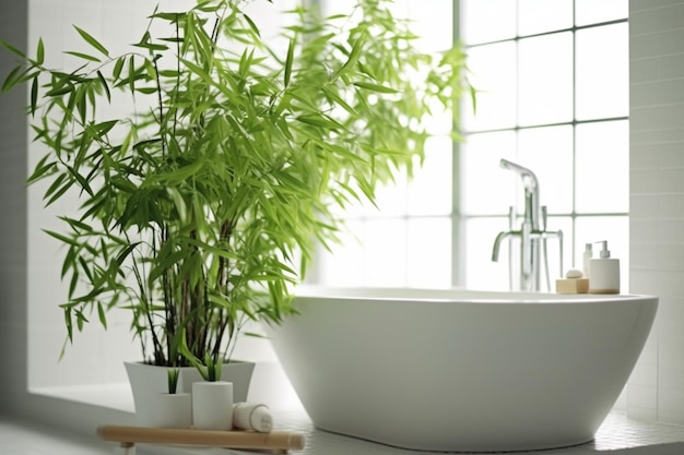 there is a plant in a pot next to a bathtub generative ai