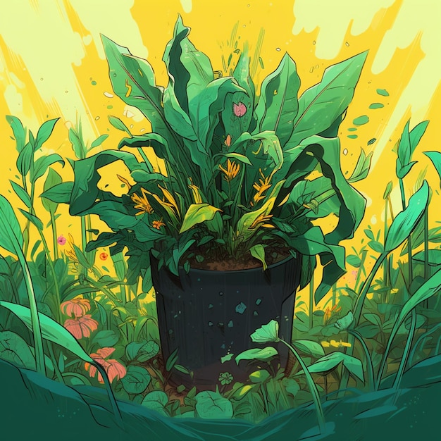 There is a plant that is growing in a pot in the grass generative ai