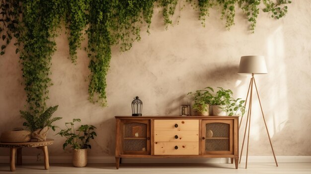 There is a plant that is growing on the wall next to a dresser generative ai