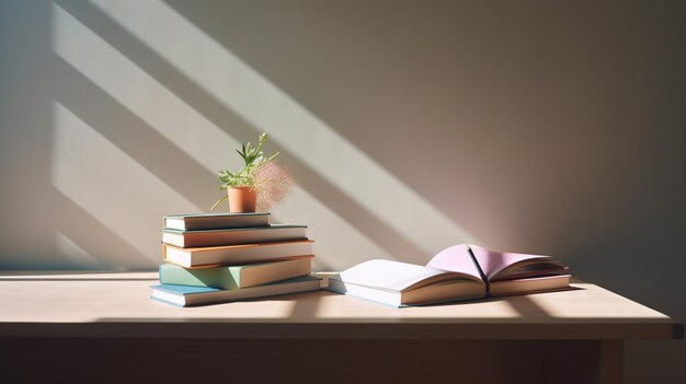 There is a plant that is sitting on top of a stack of books generative ai