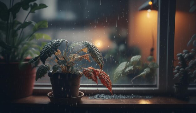 There is a plant that is sitting on a window sill generative ai