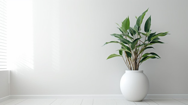 There is a plant in a white vase on the floor generative ai