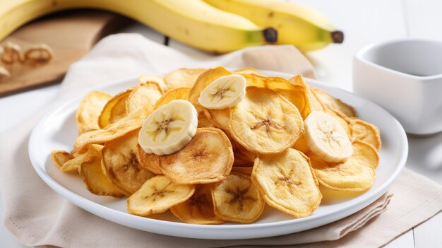 there is a plate of banana chips on a table with a cup of coffee generative ai