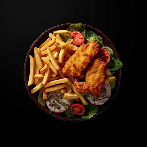 there is a plate of fish and chips with a salad generative ai