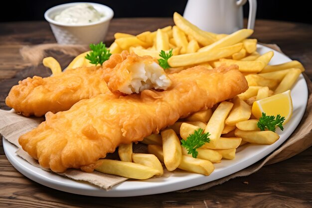 there is a plate of fish and chips with a side of sauce Generative AI