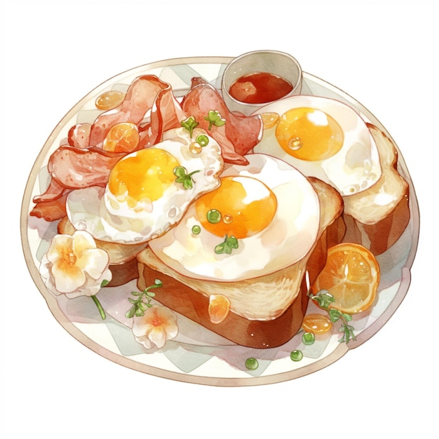 There is a plate of food with eggs and bacon on it generative ai