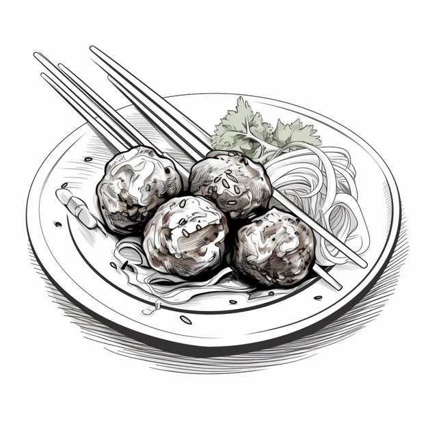 Photo there is a plate of food with meatballs and noodles generative ai