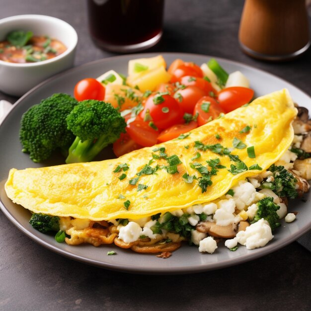 There is a plate of food with a omelet and vegetables on it generative ai