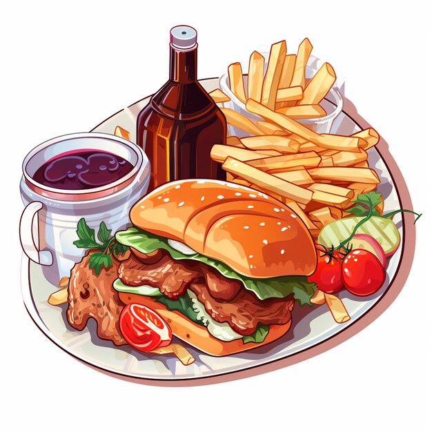 샌드위치와 감자튀김 생성 AI가 포함된 음식 접시가 있습니다
