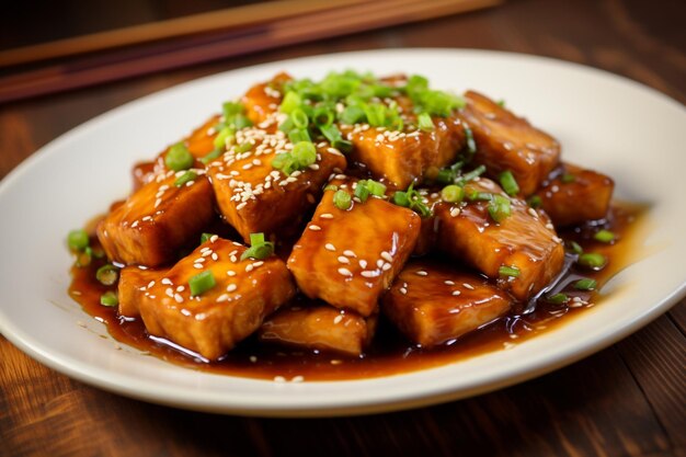 There is a plate of food with tofu and green onions generative ai