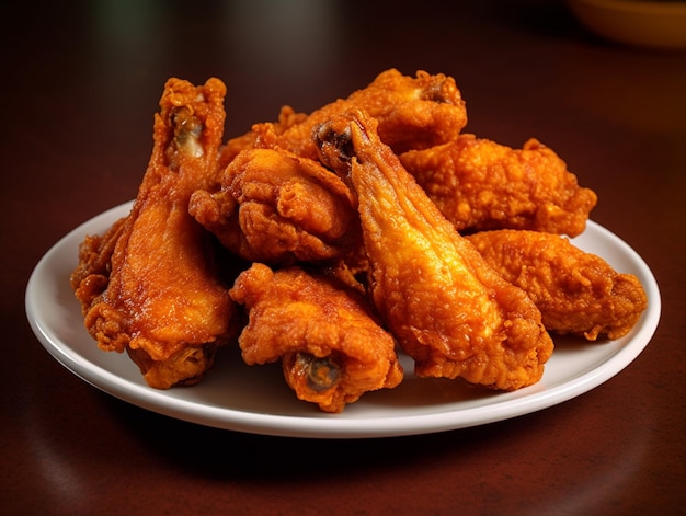 There is a plate of fried chicken wings on a table generative ai