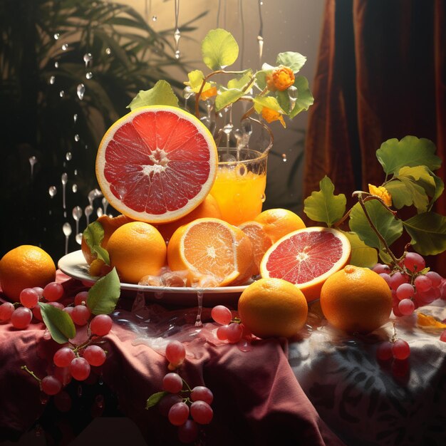 テーブルの上にはブドウとオレンジが付いたフルーツの皿があります