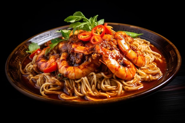There is a plate of noodles with shrimp and tomatoes on it generative ai