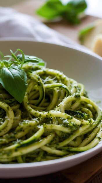 Photo there is a plate of pasta with pesto and cheese