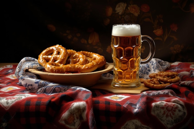 there is a plate of pretzels and a glass of beer on a table generative ai