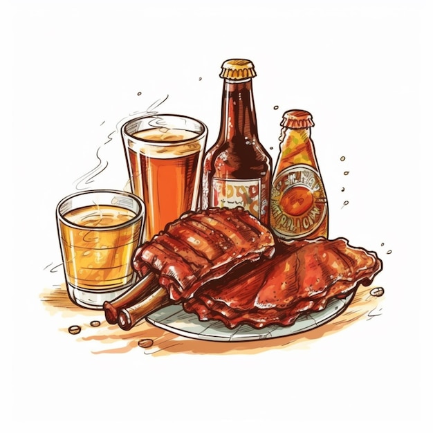 Photo there is a plate of ribs and beer on the table generative ai