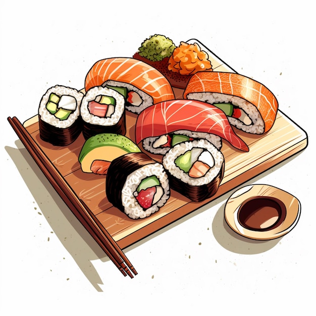 There is a plate of sushi and chopsticks on a cutting board generative ai