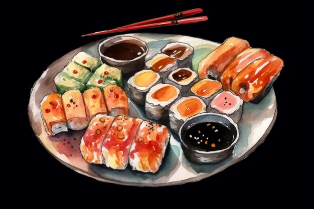 There is a plate of sushi and chopsticks on the plate generative ai