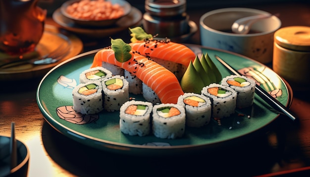 На столе стоит тарелка суши и палочки для еды.