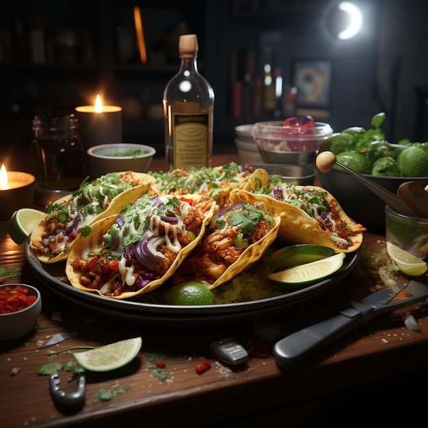 there is a plate of tacos on a table with a bottle of wine generative ai
