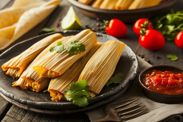 There is a plate of tamales with a red sauce on it