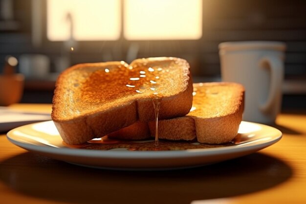 Foto c'è un piatto di pane tostato con sciroppo su di esso su un tavolo generativo ai