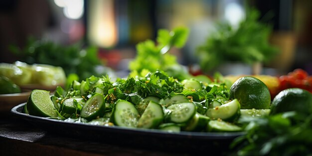 There is a plate of vegetables on a table with a knife generative ai