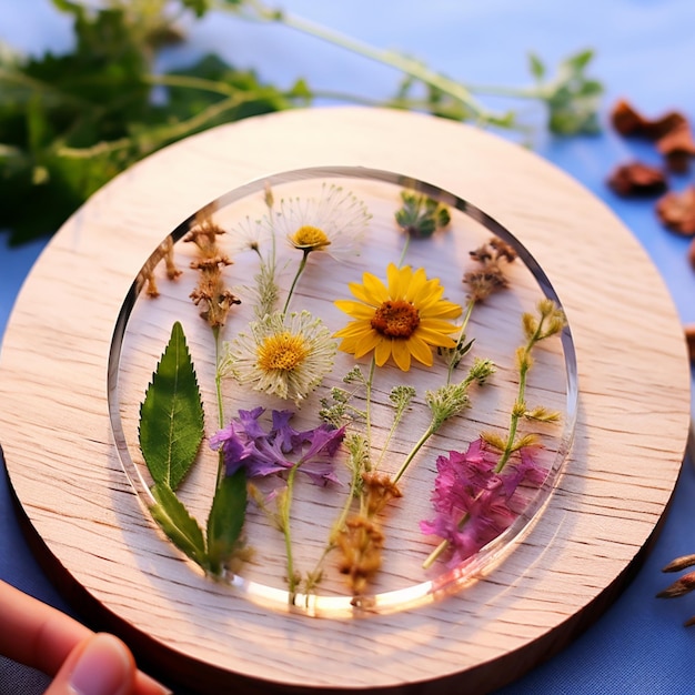 there is a plate with flowers on it on a table generative ai