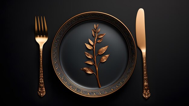there is a plate with a gold leaf on it and a fork Generative AI