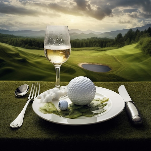 There is a plate with a golf ball and a glass of wine generative ai