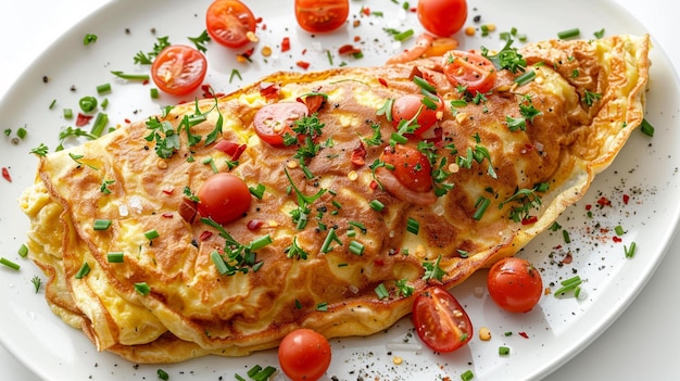 there is a plate with a omelet and tomatoes on it generative ai