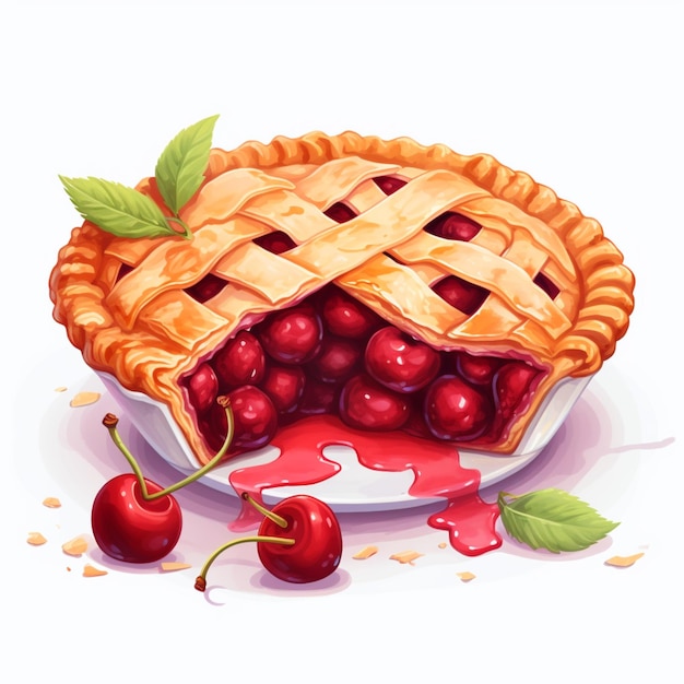 Photo there is a plate with a pie and cherries on it generative ai