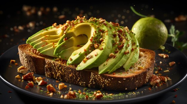 there is a plate with a piece of bread and avocado on it Generative AI