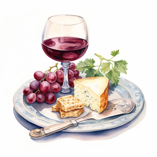 치즈 한 조각과 와인 한 잔이 담긴 접시가 있다