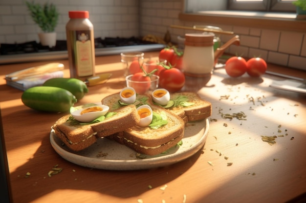 There is a plate with a sandwich and some eggs on it generative ai