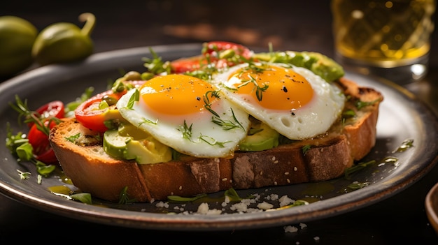 there is a plate with a sandwich with eggs and avocado Generative AI