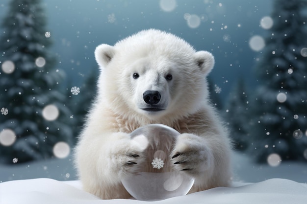 there is a polar bear holding a glass ball in the snow generative ai