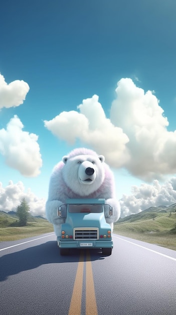 トラックの後ろに北極熊が乗っている