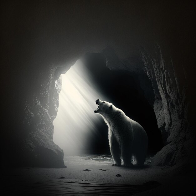 there is a polar bear standing in a cave with light coming from it generative ai