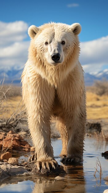 белый медведь стоит в луже с водой, генеративный искусственный интеллект