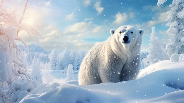 there is a polar bear standing in the snow in the woods generative ai