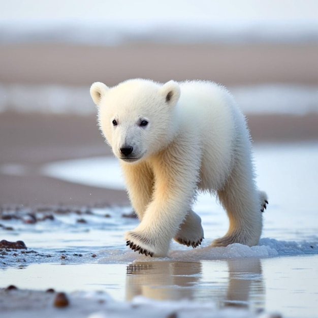 there is a polar bear walking on the beach with water generative ai