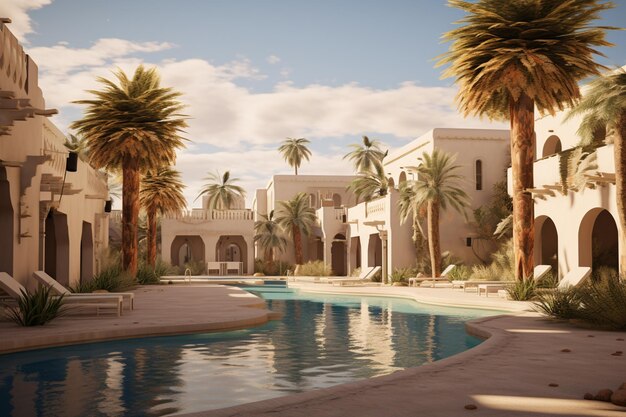 Photo there is a pool in the middle of a courtyard with palm trees generative ai